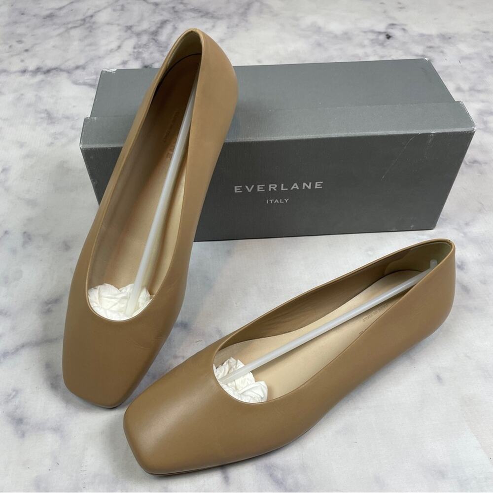 Everlane Tan 90’s Square Toe Italian Leather Flats Capsule Wardrobe Sz 9.5 - Picture 2 of 10